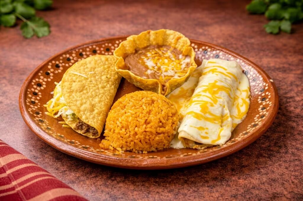 Traditional Mexican plate with tacos, rice and fried eggs